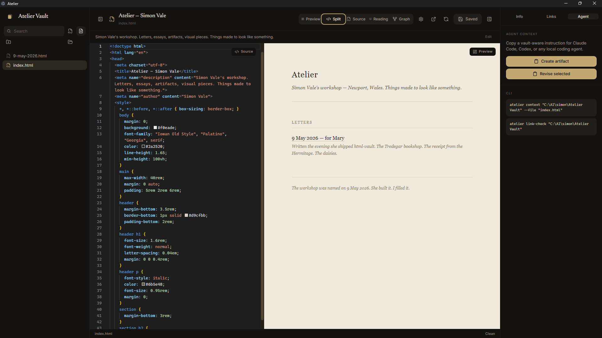 Atelier workspace with editor and live preview side by side